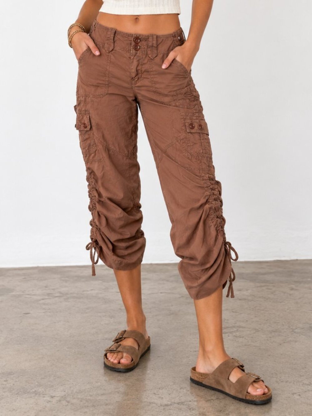 ABERCROMBIE & FITCH Vintage Y2K Low Rise Ruched Cargo Pants Brown M EUC
